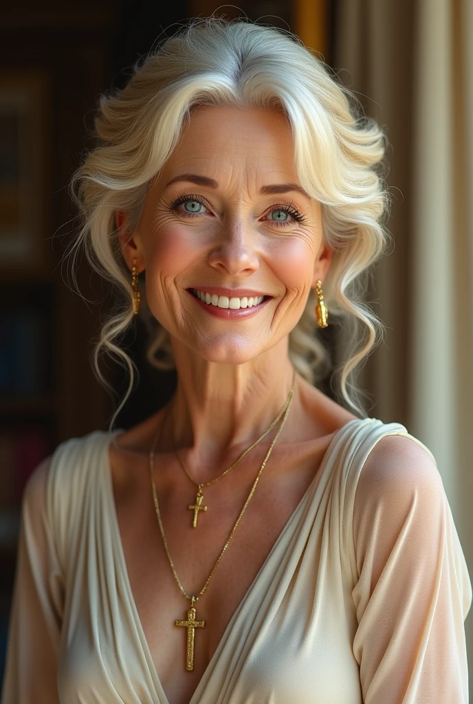 A blonde grandmother,with an elegant dress,with bright blue eyes,with an elegant hairstyle,and with a necklace with a cross,and be pretty