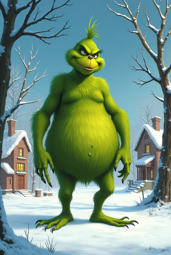 The Grinch from the movie, bald and with a big belly

