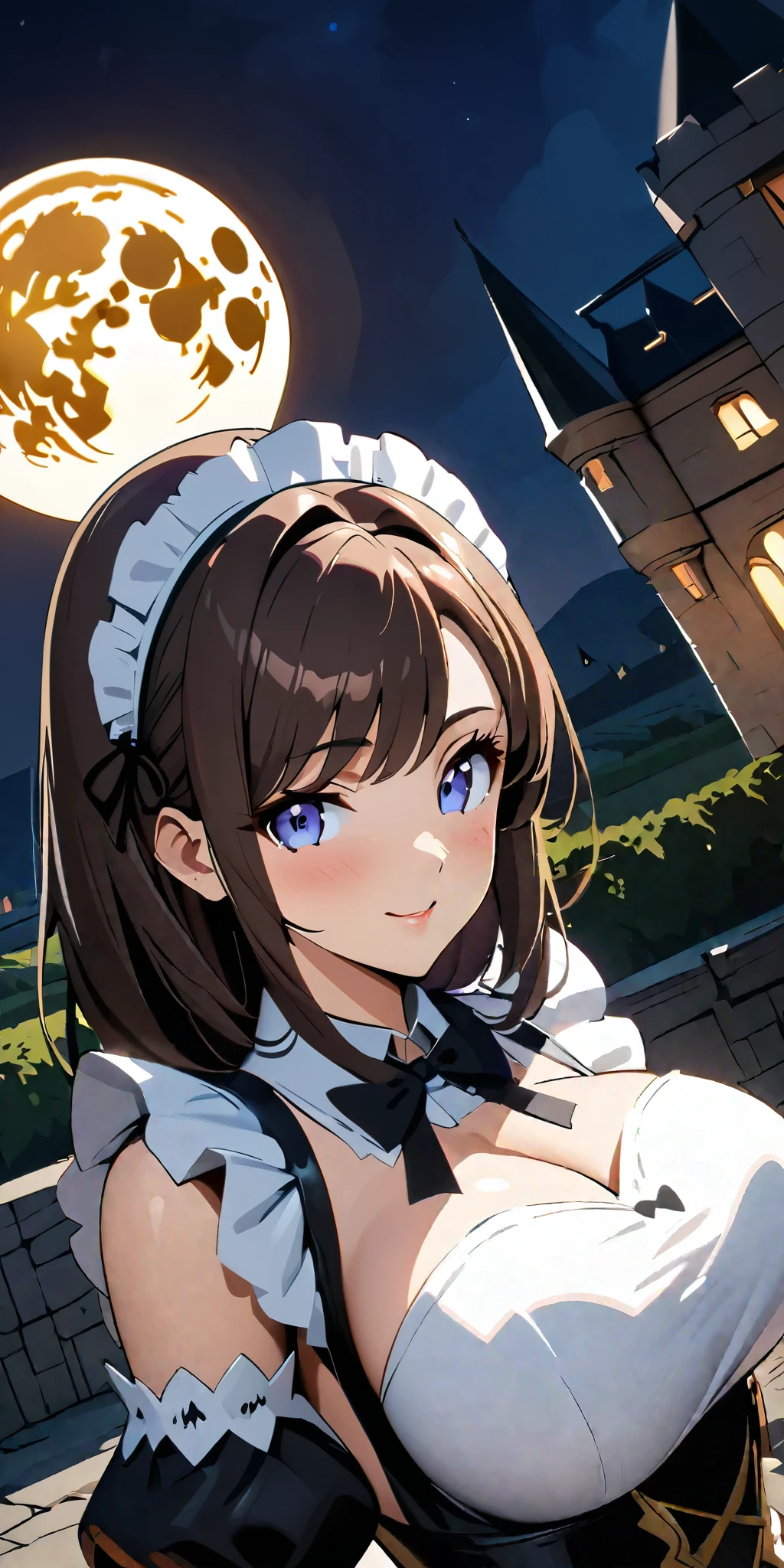 ((Highest quality、masterpiece、anime style、best quality、high resolution、8k、detailed、ultra-detailed:1.3))、Long legs:1.2, Beautiful woman with perfect figure:1.4、(Smiling:1.2), double eyelid、High resolution, accurate, Anatomically correct, High-resolution model, high quality, Very detailed, Ultra high definition,((full moon,dynamic angle,looking at viewer,outdoor,maid costume:1.2)),((A mansion modeled after a medieval European castle、One Woman,beautiful face,Japanes,night,upper body:1.2)),Big Breasts,30-year-old female