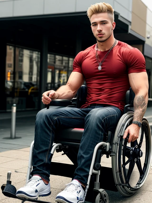 Handsome blond man, He is a wheelchair user, is sitting in a wheelchair with his hand on the wheels, paralyzed legs, athletic body, he has a handsome boyfriend by his side