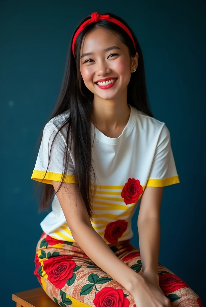 A four full body beautiful Thai's woman's smiles brightly, has a long straight shiny hairstyle with red headband, wears a rose's designs white t-shirts yellow stripes colorful pants rose's designs and black beautiful shoes, sitting on the dark blue, photography.