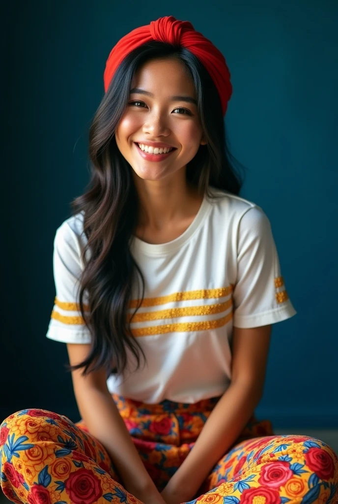 A four full body beautiful Thai's woman's smiles brightly, has a long straight shiny hairstyle with red headband, wears a rose's designs white t-shirts yellow stripes colorful pants rose's designs and black beautiful shoes, sitting on the dark blue, photography.