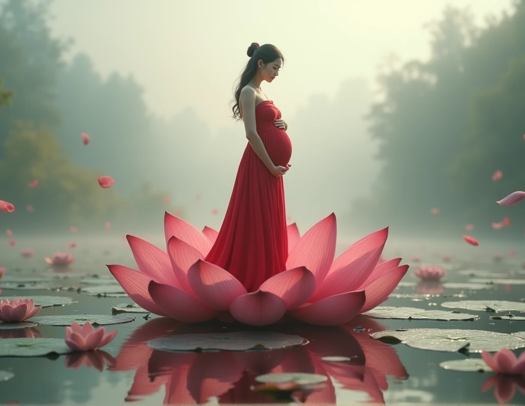 pregnant woman wearing a red gown and stand in big lotus flower on beautiful foggy location . lotus in water with reflation . some flower leaf petal in air flowing ,woman looking in camera side