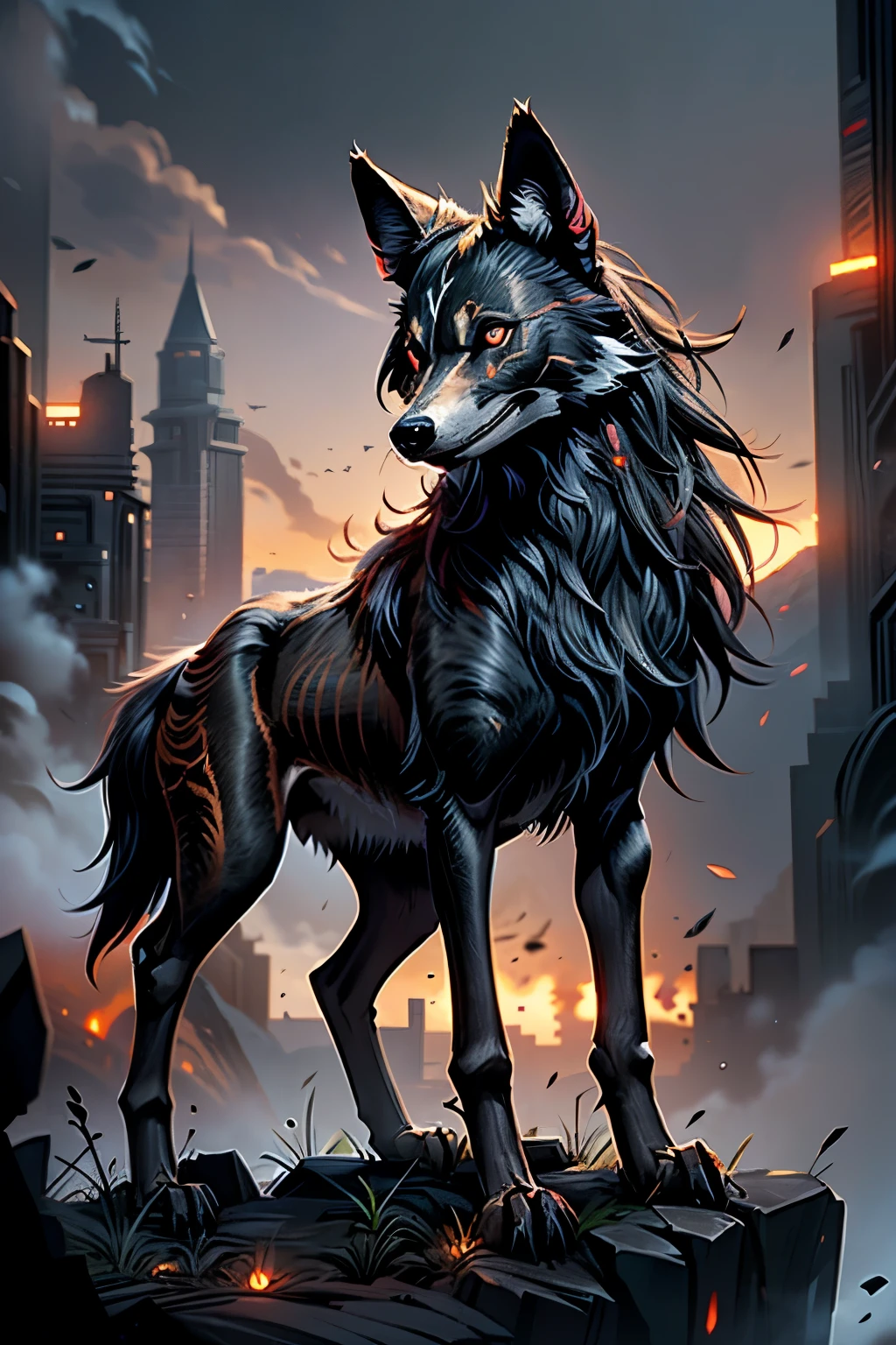 black maned wolf,eerie glowing red eyes, long legs,stark,intimidated,standing on a cliff,overcast day, wild animal ,quadruped 