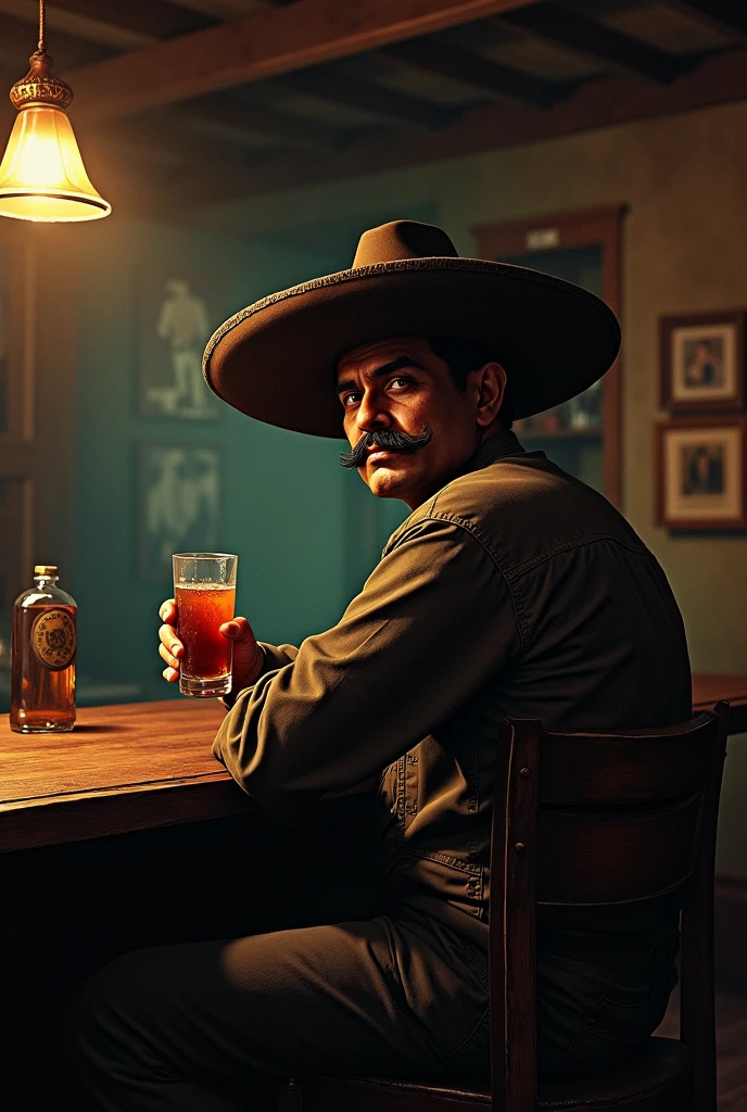 Emiliano Zapata sitting in a bar with a drink in his hand