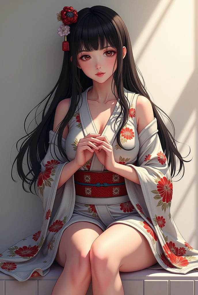 (top-quality,hyperdetailed face),Wearing a yukata,Colossal ,(((On the bet:1.4))),,A dark-haired,Beautuful Women,pretty pose,Ultra-detailed legs,an legs,thighs thighs thighs thighs,