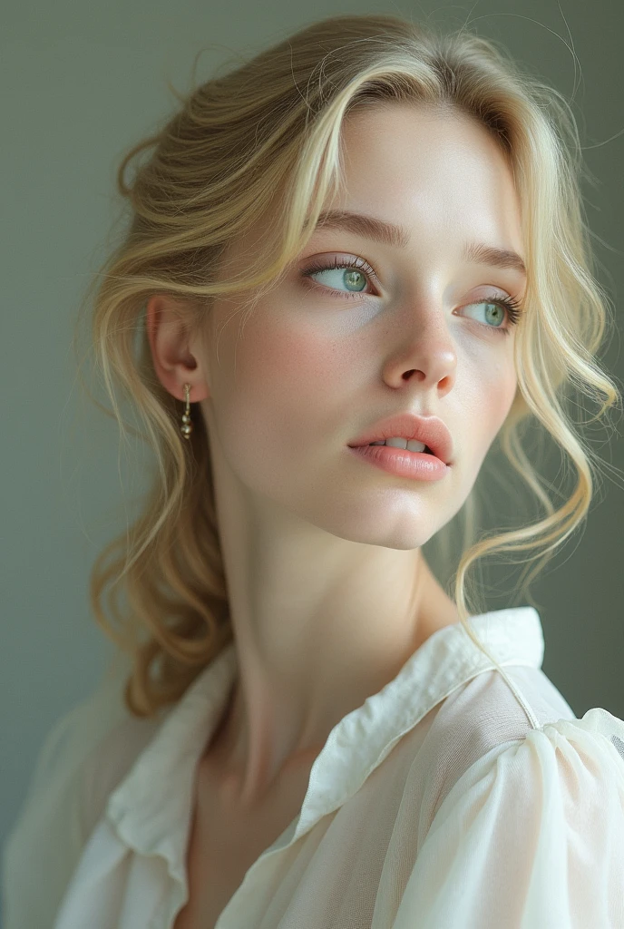 A blonde woman with curly hair, clear green eyes, fine nose , thin mouth, light eyebrow, light skin tone and thin face