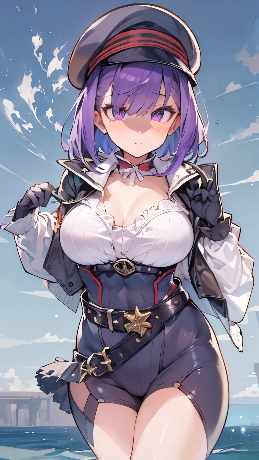 NSFW,Elena Blavatsky\(Fate/grandorder\)、Purple Hair、short hair、（Purple eyes：1.1）、Shoulder Bare、belt、beret、ribbon、- Detachable collar、Removable sleeves、hat、leotard、紫色のhat、紫色のleotard、赤いbelt、白いribbon、White sleeves