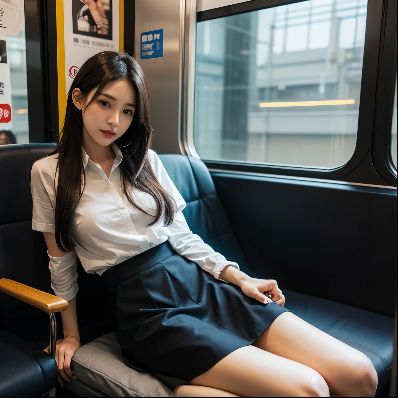 real photo、Highest im 년 quality、Beautiful woman、beautiful thighs、beautiful face、uniform ponytail、Yoshitaka Yuriko、japanese women、Pretty Woman、skirt、beautiful thighs、Flesh colored stockings, slipper、Inside a crowded train、You may be seated、front seat、(小さいが女性のskirtを覗く:1.6)、
