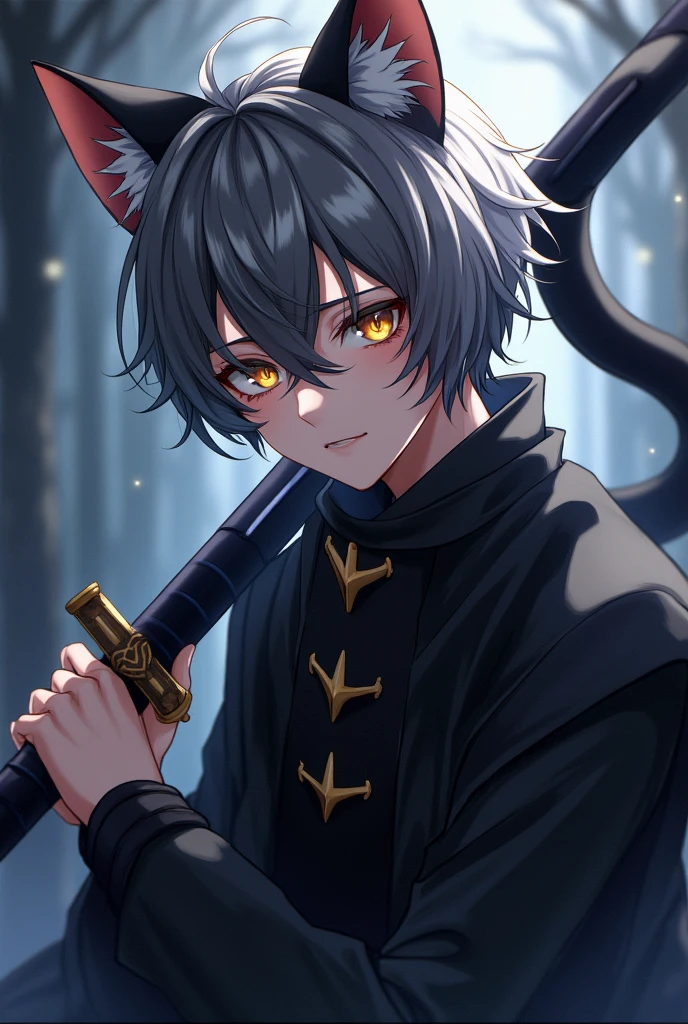 Anime boy with cat ears and tail, gray hair with black, Golden eyes, with black clothes and a sword