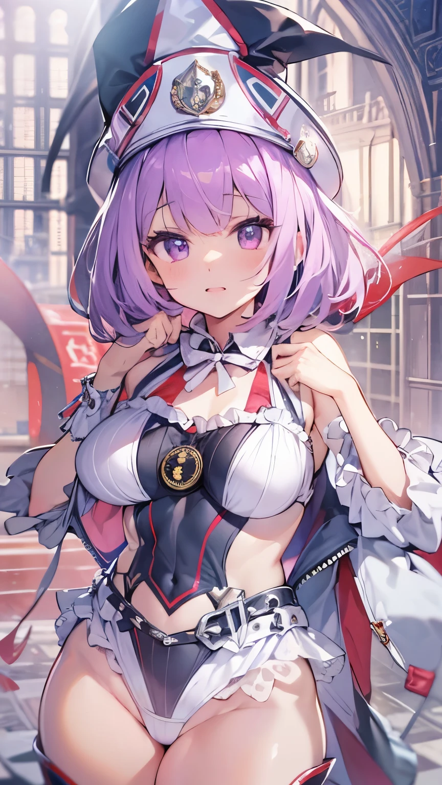 NSFW,Elena Blavatsky\(Fate/grandorder\)、Purple Hair、short hair、（Purple eyes：1.1）、Shoulder Bare、belt、beret、ribbon、- Detachable collar、Removable sleeves、hat、leotard、紫色のhat、紫色のleotard、赤いbelt、白いribbon、White sleeves