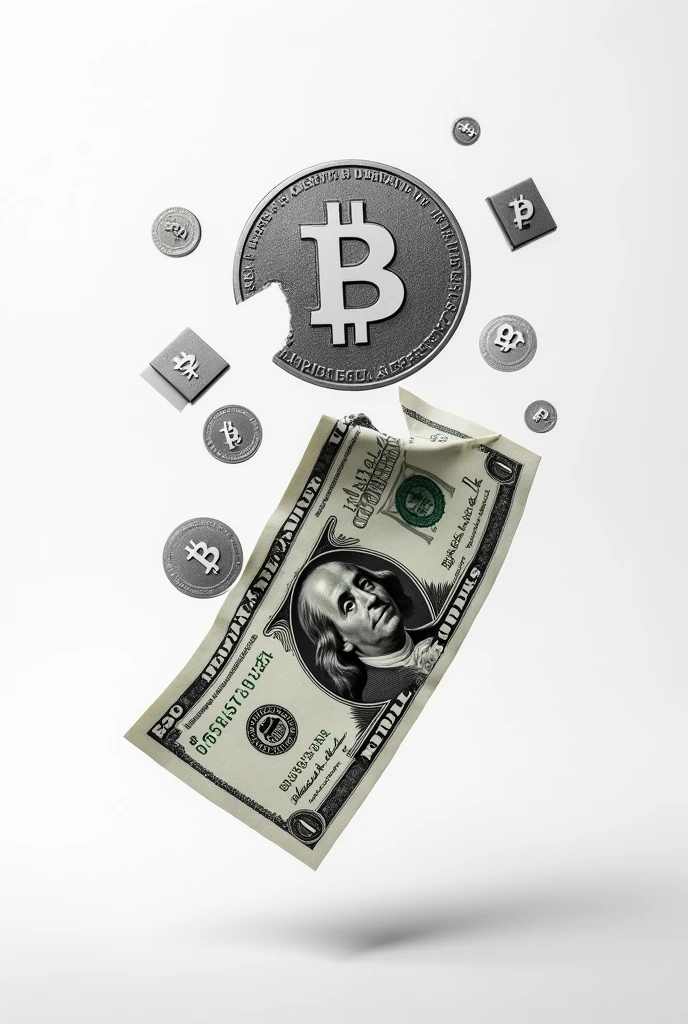 a black and white backgroundless image of a dollar bill and a bitcoin being split into several pieces