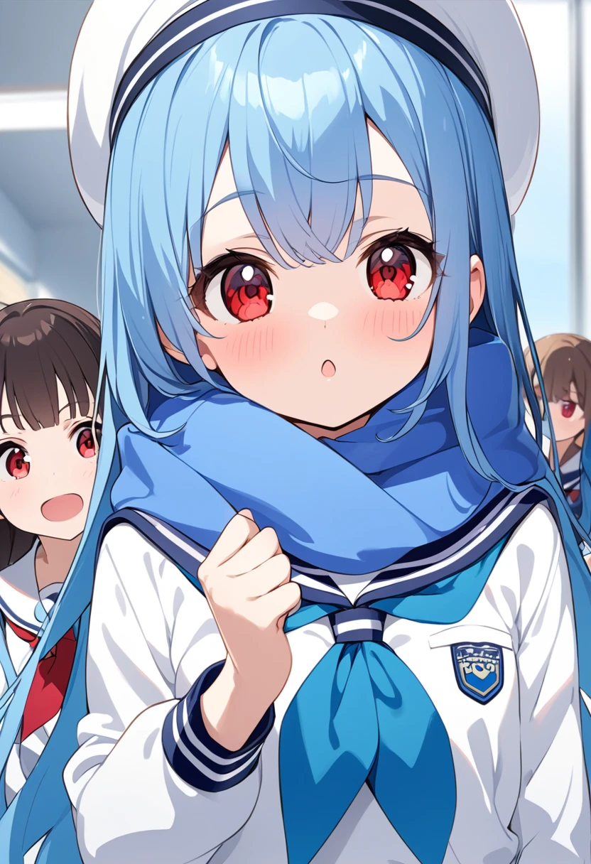 girl、Primary school students、Red Eyes、Blue Hair、Sailor suit、White beret、Ultra mile、1 person、Long Hair、Short、Blue scarf、一人のPrimary school students