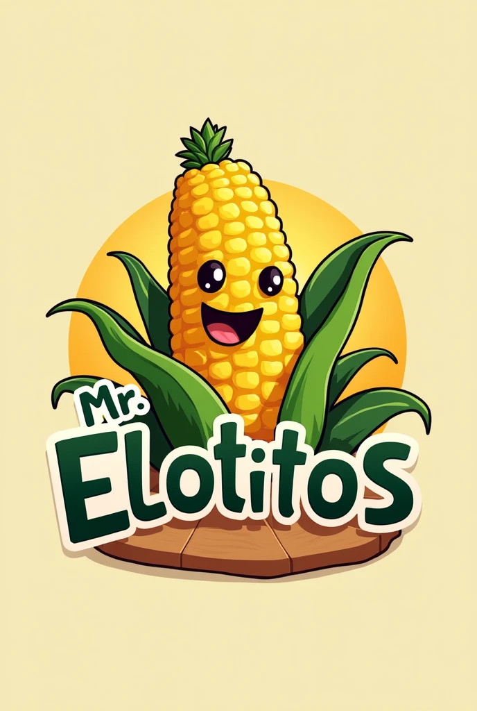 Draw a logo that says Mr..elotitos that has an animated corncob and that is cartoonish and prettier LOGOOOOOO