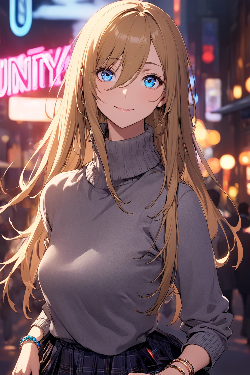 long hair, (blue eyes:1.3), gold hair, hair between eyes, smile, bracelet, sweater, plaid, plaid skirt, (light black sweater:1.2),
BREAK  downtown,neon light,
BREAK looking at viewer, (cowboy shot:1.5),
BREAK (masterpiece:1.2), best quality, high resolution, unity 8k wallpaper, (illustration:0.8), (beautiful detailed eyes:1.6), extremely detailed face, perfect lighting, extremely detailed CG, (perfect hands, perfect anatomy),look back pose