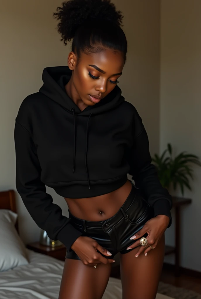 a black woman with her hair in a bun, wearing a black hoodie, bending over and pulling up her black leather shorts, in her bedroom getting dressed
