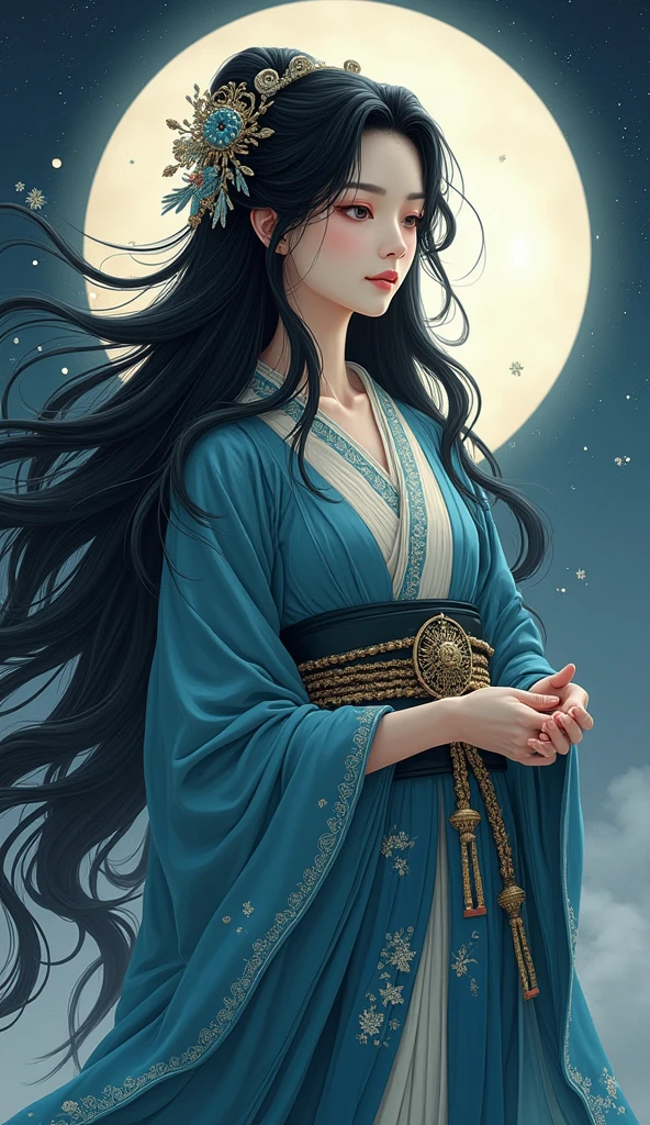 Beautiful Goddess Tsukuyomi, whole body, Japanese Goddess of the Night, Beautiful black hair