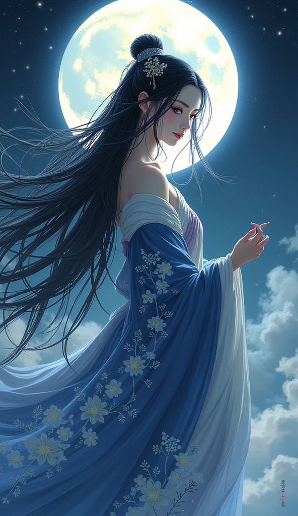 Beautiful Goddess Tsukuyomi, whole body, Japanese Goddess of the Night, Beautiful black hair