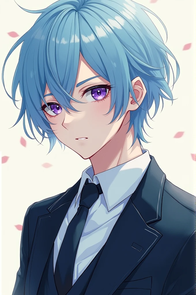 Manhwa style boy where he has light blue hair, Violet eyes with amber and her eyelashes are long. He is dressed elegantly and formally. He is someone slender But not too much.
