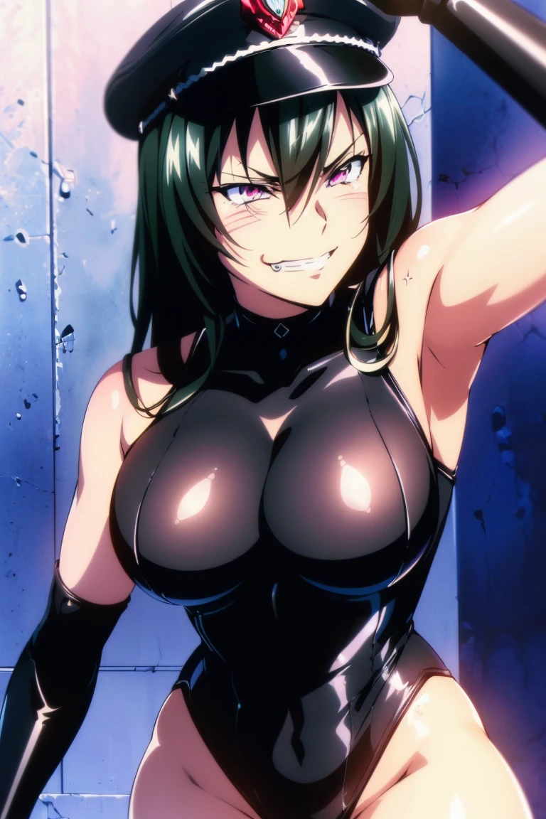 beautiful, masterpiece, ultra detailed, extremely detailed, ultra high res, 8k, beautiful detailed face, anime screencap, heart shaped face woman, (black hair:1.2), long hair, hair between eyes, large breasts, fearless face, sharp face, slant eyes, cat eyes, 170cm tall, adult, perfect proportion, (((black high-leg leotard, black clothes))), (((bare shoulder))), cleavage, (((thigh boots))), choker, (((military cap))), anime style, extremely ultra detailed beautiful face and eyes, front view, raw phot, incredibly absurdres, Beautiful portrait of cute anime girls, super fine illustration, full-hd, hdr, best aesthetic, distinct, exquisite, masterwork, by famous artist, highers, (((perfect anatomy))), mocking, (((rape face))), (((evil grin))), intense eyes, sadistic, gleaming skin, oil skin, slut face, full-face blush, smirking, mischievous grin, furrowed mouth, both legs, pouty lips, downturned corners, rosy hue, grin widely, cheeky smirk, (((bad-tempered glare))), gloating, crazy smile, scary face, cruel smile, fang, connected teeth,, (((elbow gloves))), (((big connected teeth)), glare, grimace, smirk, (((scowling face))), smile broadly, symmetrical eyes, even eyes, perfect eyes, (((squinting eyes))), deep detailed eyes, shiny clothes, 1girl, solo, smug, smile grimly, (((dimpled smile))), pink eyes, (((upper body shot and standing))), (((laugh))), (((pleasure face))), (((brutality face))), (((scary face))), (((fang))), super detailed skin, official art, production art, top quality, high quality, amazing quality, finely quality, fantastic, professional quality, perfect hands, perfect arms, both arms, two arms, both hands, two hands, cleavage cutout, bare collarbone, shiny hair, anime best girl, cel anime, bangs, spread back hair, adult face, 