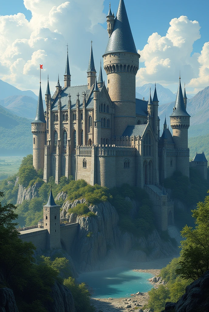 Make me an imposing and gigantic castle with a fortress