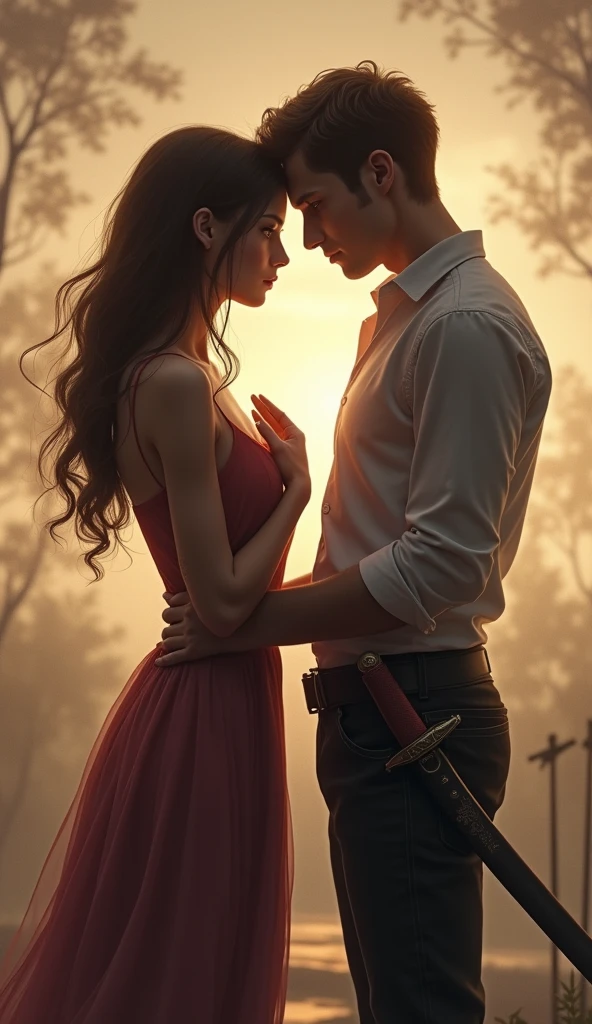 A pair of 20-year-old men and women are facing each other. The handsome man's face captivates the heart, while the beautiful woman's face melts the heart. A couple who are compatible but have different views make back to back. The man carries a sword and the woman holds her hands to her chest.
