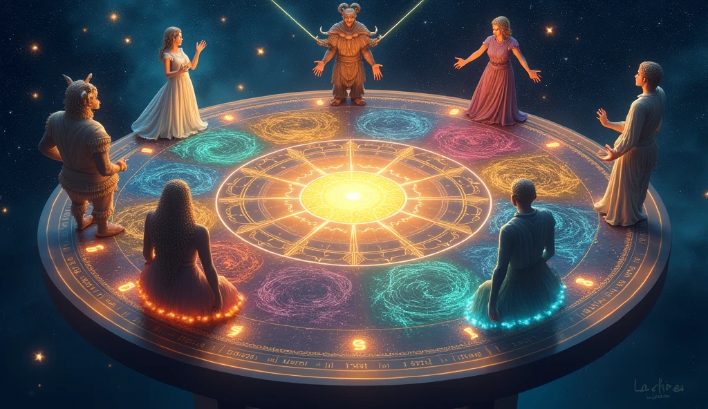 A zodiac wheel with each sign represented by a different visual element, showing how they interact with the current celestial events. The atmosphere should be informative and engaging. --ar 16:9