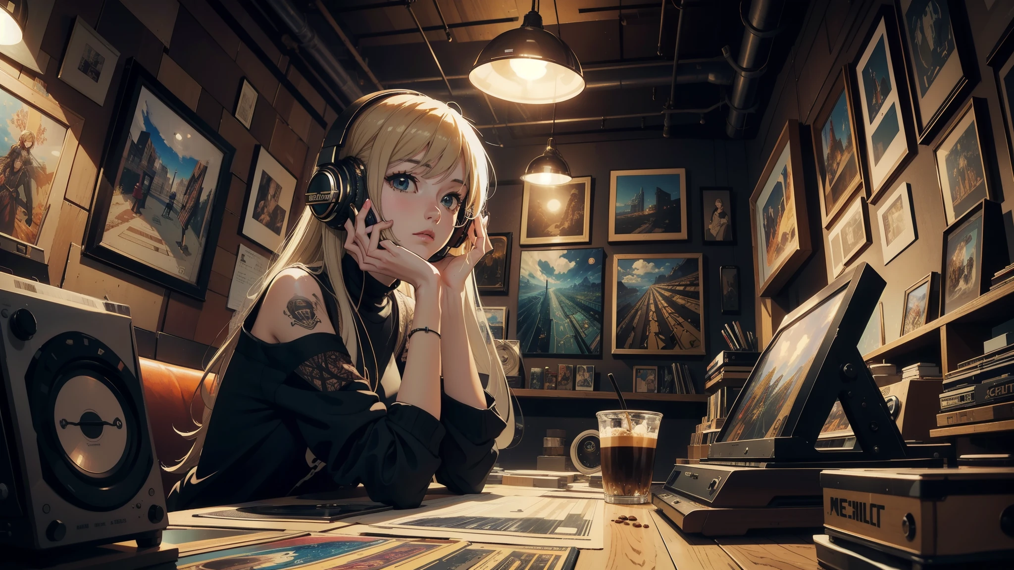 (longshot), wideshot, (film noise), old cartoon, (lots of records:1.3), coffee shop, (masterpiece, highest quality, highest quality, official art, beautiful and aesthetic: 1.2), (woman listening to music with 1 headphones), very detailed, (fractal art: 1.4), supreme detail, coffee makers, (notes: 1.4), ( lo-fi hip-hop), face close up,  anime texture, solo, picture of coffee shop