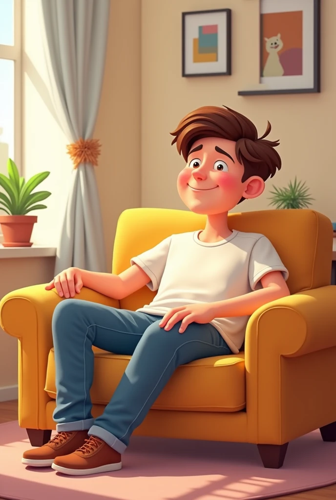 Cartoon of a young man sitting on a sofa

