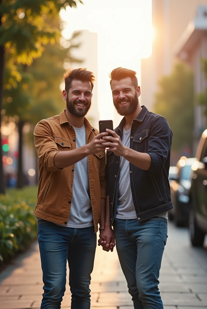 Create an image in the size of 1300px X 500px with a happy couple of gentlemen with a cell phone in their hands 