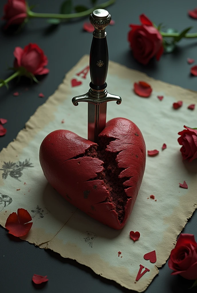 Create an image with a Broken Heart held by a Dagger , some scattered playing cards  , A sad, wilted rose and a large, blank sheet of aged paper