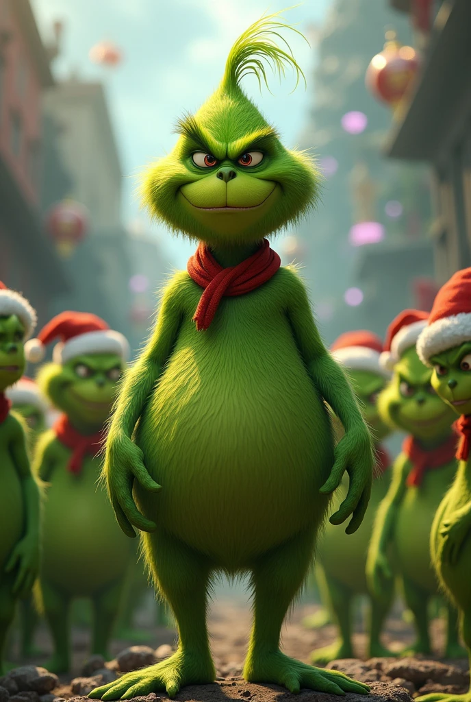The Grinch from the movie, bald and with a big belly, a world full of Grinch