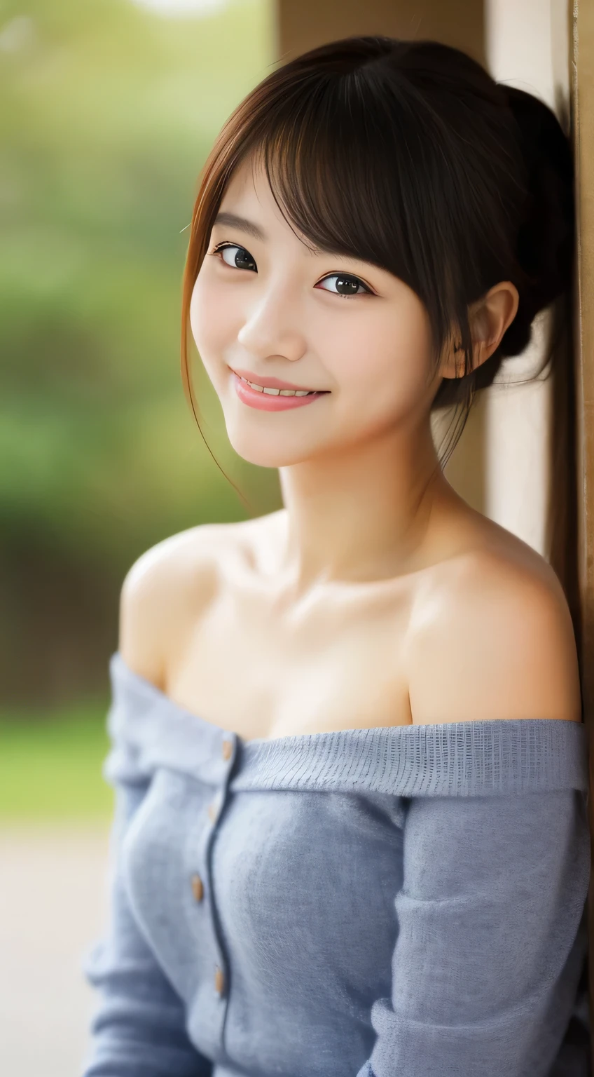 masterpiece,best quality,(Japanese girl),((Beautiful girl)),cleavage,(off shoulder:1.2),(perfect body beauty:1.2),(shy smile),From slightly above
