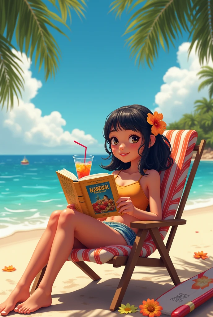 Une fille sur la plage a Hawaï qui a des cheveux brun foncé mi long avec une fleur rose dans les cheveux avec des formes qui boit un coktail sur son transat en train de lire un livre avec le titre sur la couverture « les aventures de Merine à Hawaï en grand sur la couverture du livre
Elle est sur la plage on voit en fond la plage avec des planches de surf visible et un panneau où il est écrit Hawaï dans le fond avec les planches de surf en version pixar