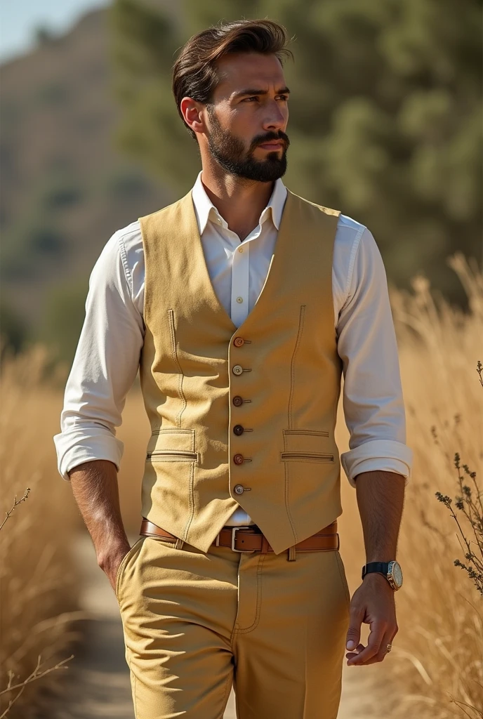 I need you to create a men&#39;s dress but it is made with recycled material, In this case it is with potato packages but I want it to be a vest and obviously his pants 