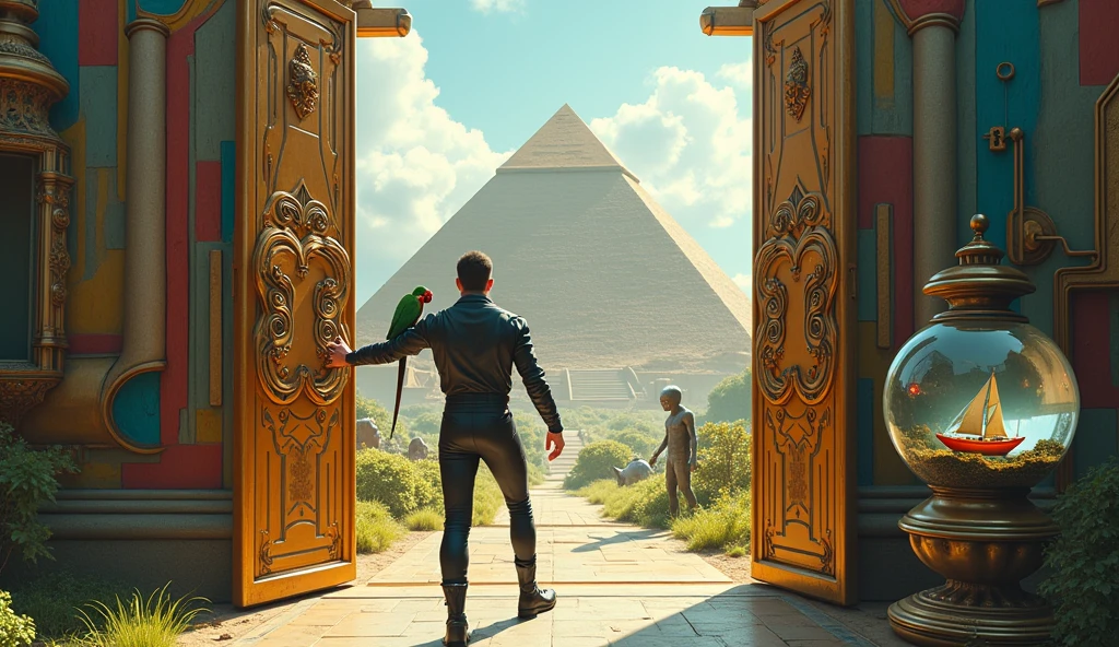 Un homme avec des vêtements futuristes pousse des deux mains des portes futuristes avec des figures géométriques de couleurs différentes sur la porte et devant lui une pyramide avec de l'herbe et des animaux ,le tout ressemblent à la peinture que j'ai publié et un robot et à côté devant une des portes et le personnage caucasien avec un Péroqué sur l'épaule et un aspect baroque est légèrement ajouté une soucoupe volante est ajouté et un extra terrestre petit gris,le personnage se tient droits les jambes légèrement écartées en poussant les portes il y a des mécanismes et horlogerie sur les portes et une voiture ancienne améliorée venus du futur ajouté une grande bouteille d'eau avec un bateau sur l'eau dans la bouteille et des poissons tout les détails son de la description sont dans l'image et n'oublions pas l'eau dans la bouteille avec les poissons