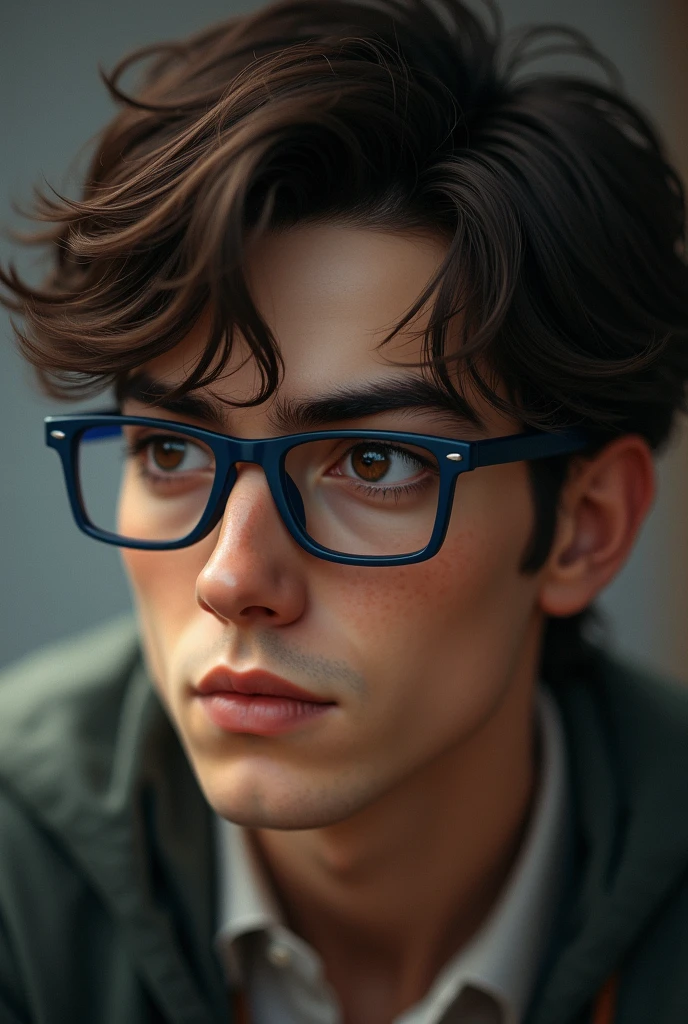 A young man , with disheveled brown hair, serious face , a little wrinkled square face, wearing slightly square bluish glasses and brown eyes,
