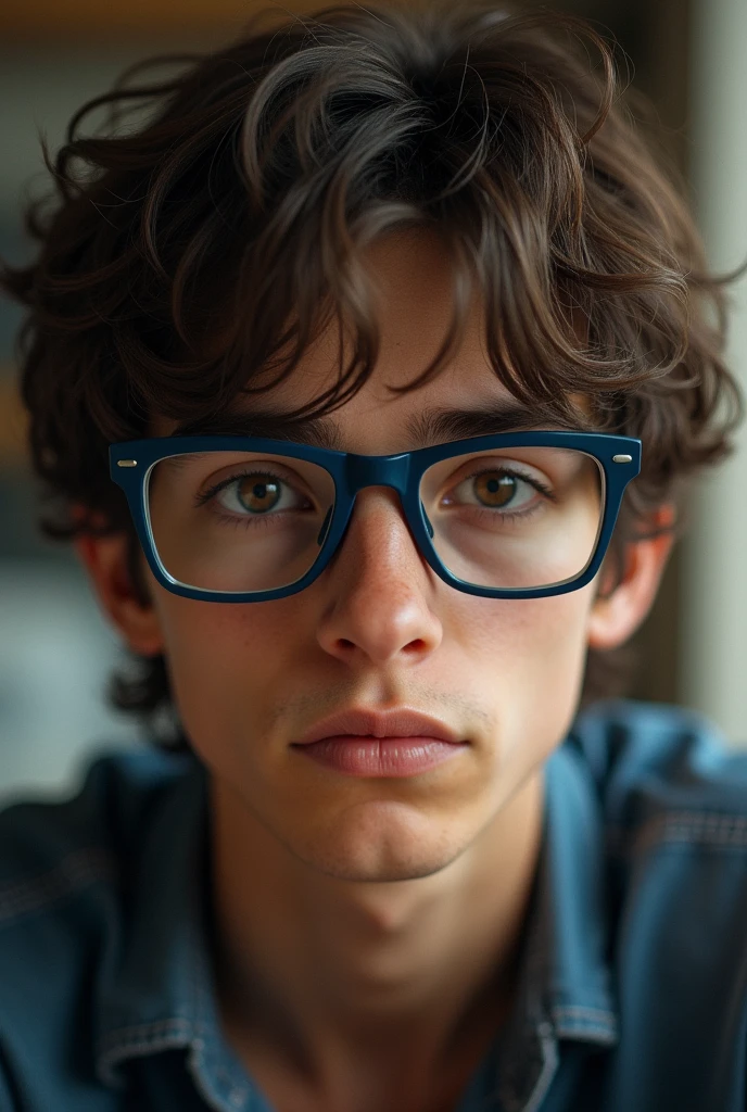 A young man , with disheveled brown hair, serious face , a little wrinkled square face, wearing slightly square bluish glasses and brown eyes, 