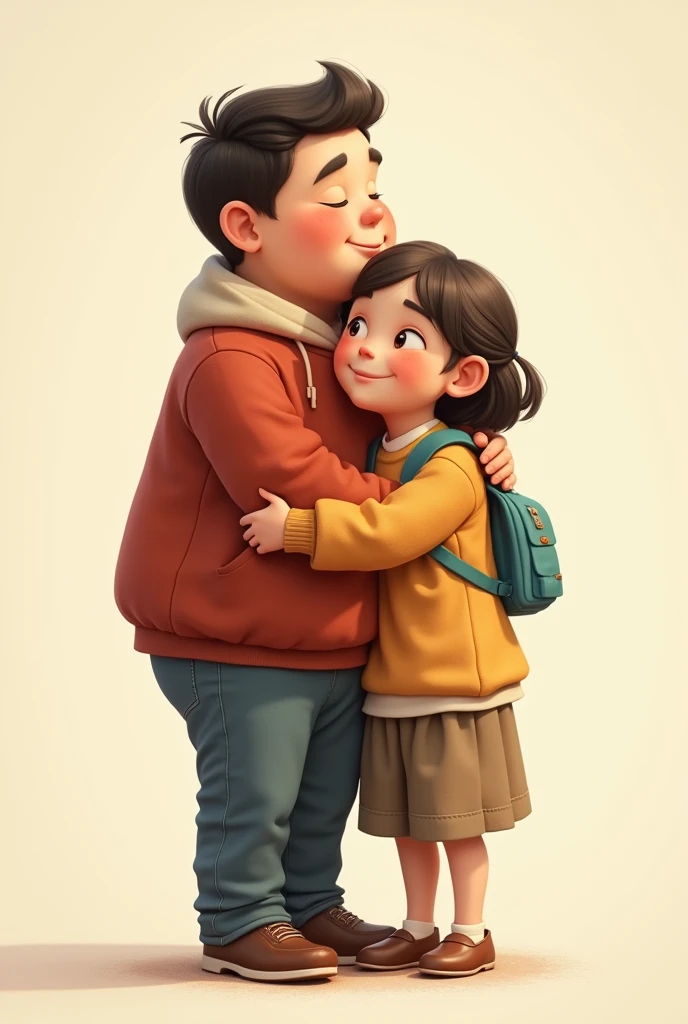 Generate a tall, slightly fat boy next to a more realistic,  girl, and they are hugging each other And the child is fatter Realist 