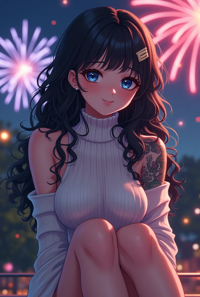 (best quality, ultra-detailed, photorealistic: 1.39), bright and vibrant colors, studio lighting, romantic expression, An effeminate girl, with a delicate and beautiful face. She is a girl who reflects seductive beauty, sparkling eyes, A Beautiful and adult tattooed woman and voluminous curly black hair, hair clip, crying a seductive 2 woman with big breasts seduces, matches the makeup, with her large breasts seduces, Turtleneck sweater, white wool, sleeveless, beautiful sweater dress, sitting, with beautiful legs, ankle boots, with her blue eyes that matches her soft smile, beautiful style, in a beautiful pose demonstrating her seduction on the in the park at night, beautiful event style decoration with lights and fireworks, night with soft lighting, anime style, like a manwha character