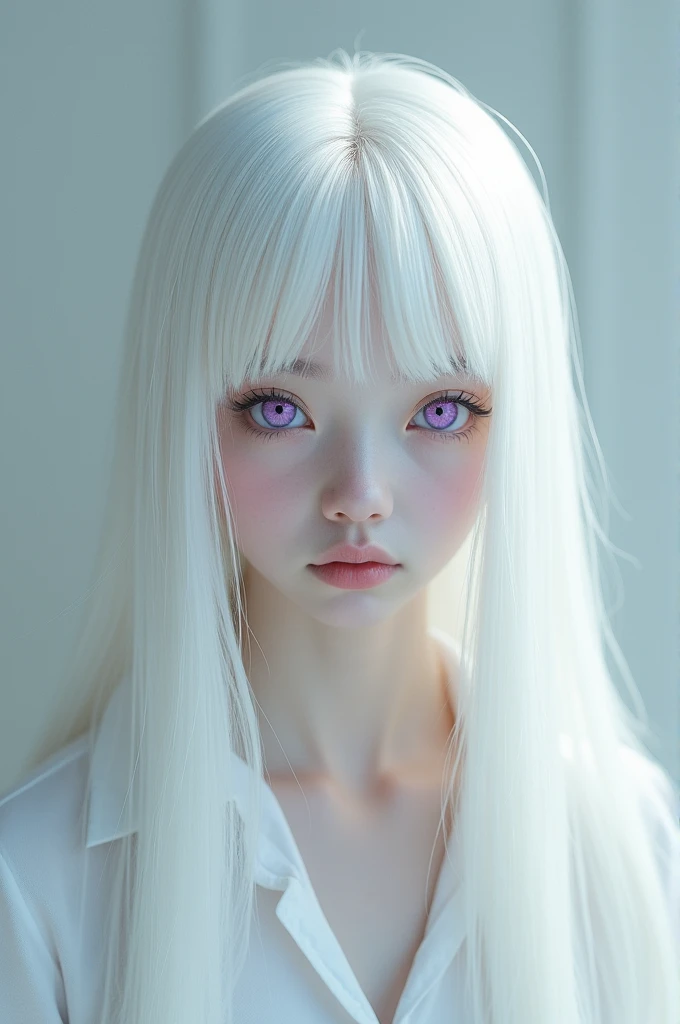 Albino Asian boy with violet eyes and straight white hair