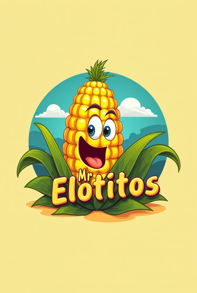 Draw a logo that says Mr..elotitos that has an animated corncob and that is cartoonish and prettier LOGOOOOOO