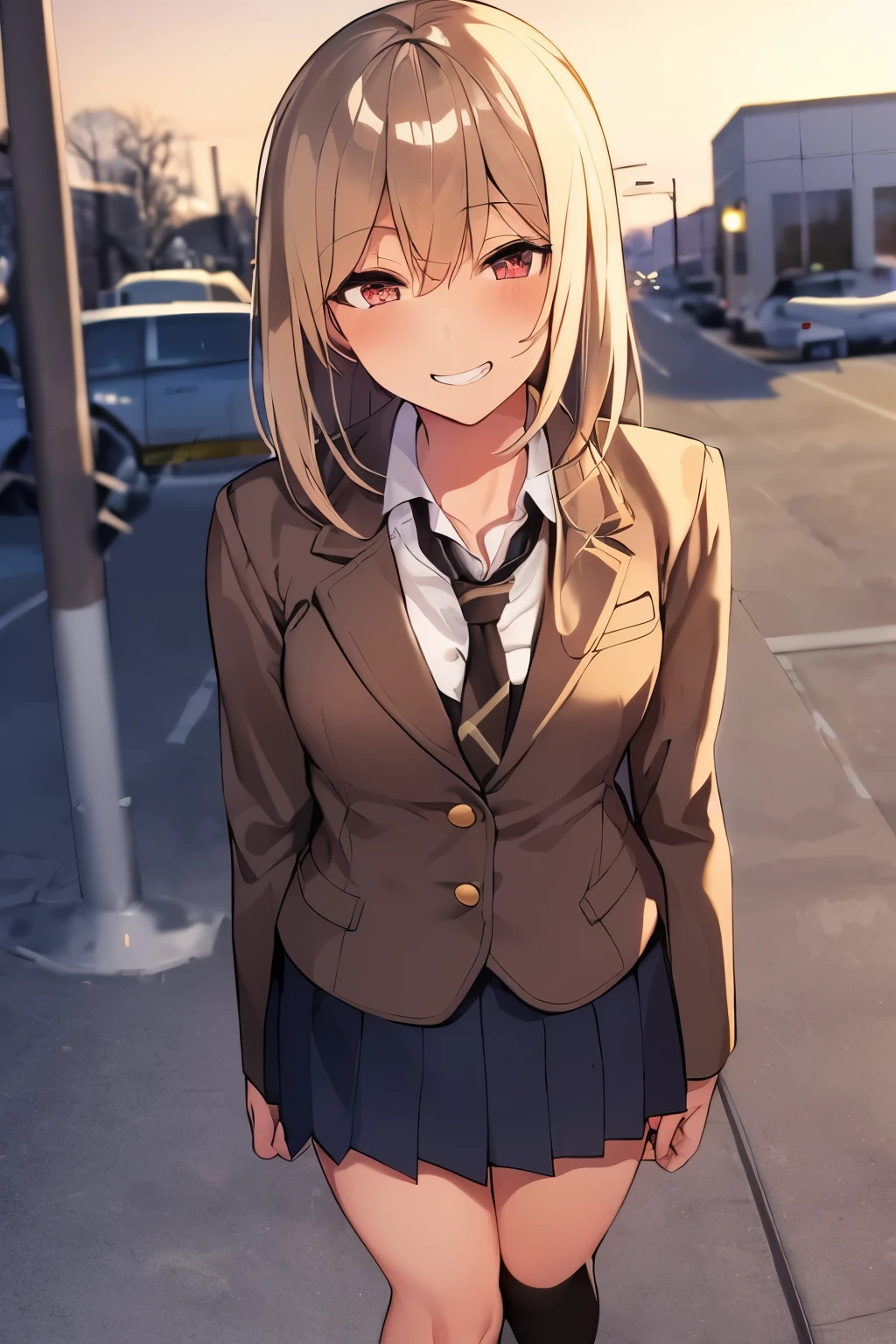 2d, Superb, (Masterpiece), (Full length),(One female:1.6),(Shiny bronze hair:1.6), (Straight medium hair:1.6),Round face ,(school uniform, brown blazer:1.3，Black knee-high socks:1.3，Ronfar:1.3), JK,Slender figure ,Glossy legs,Star-shaped hair ornament,smile, evil grin,after school，On the way home，evening，dusk