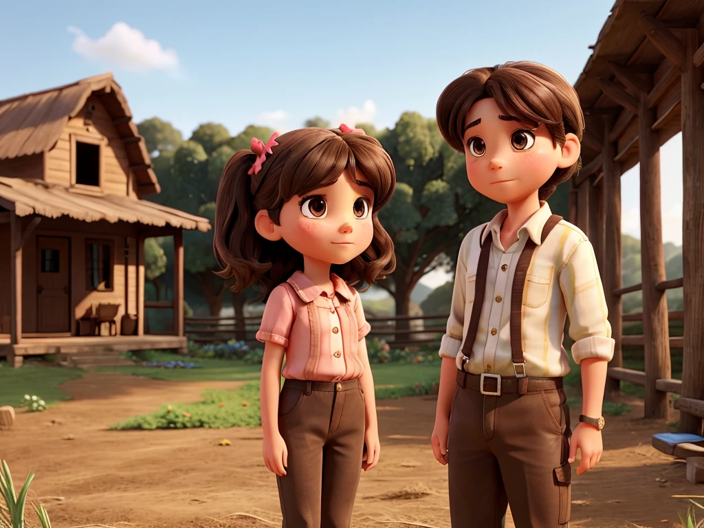 in the farm, show a father having a private conversation with his only daughter, six years old. the daughter has dark brown hair and eyes, the hair is very long, with fringe and two bows. 