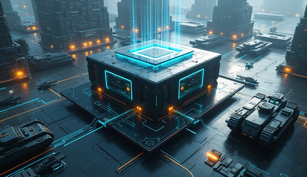 Graphical representation of a central interconnected with a network of supercomputers, Self-driving cars, war weapons and futuristic super tanks