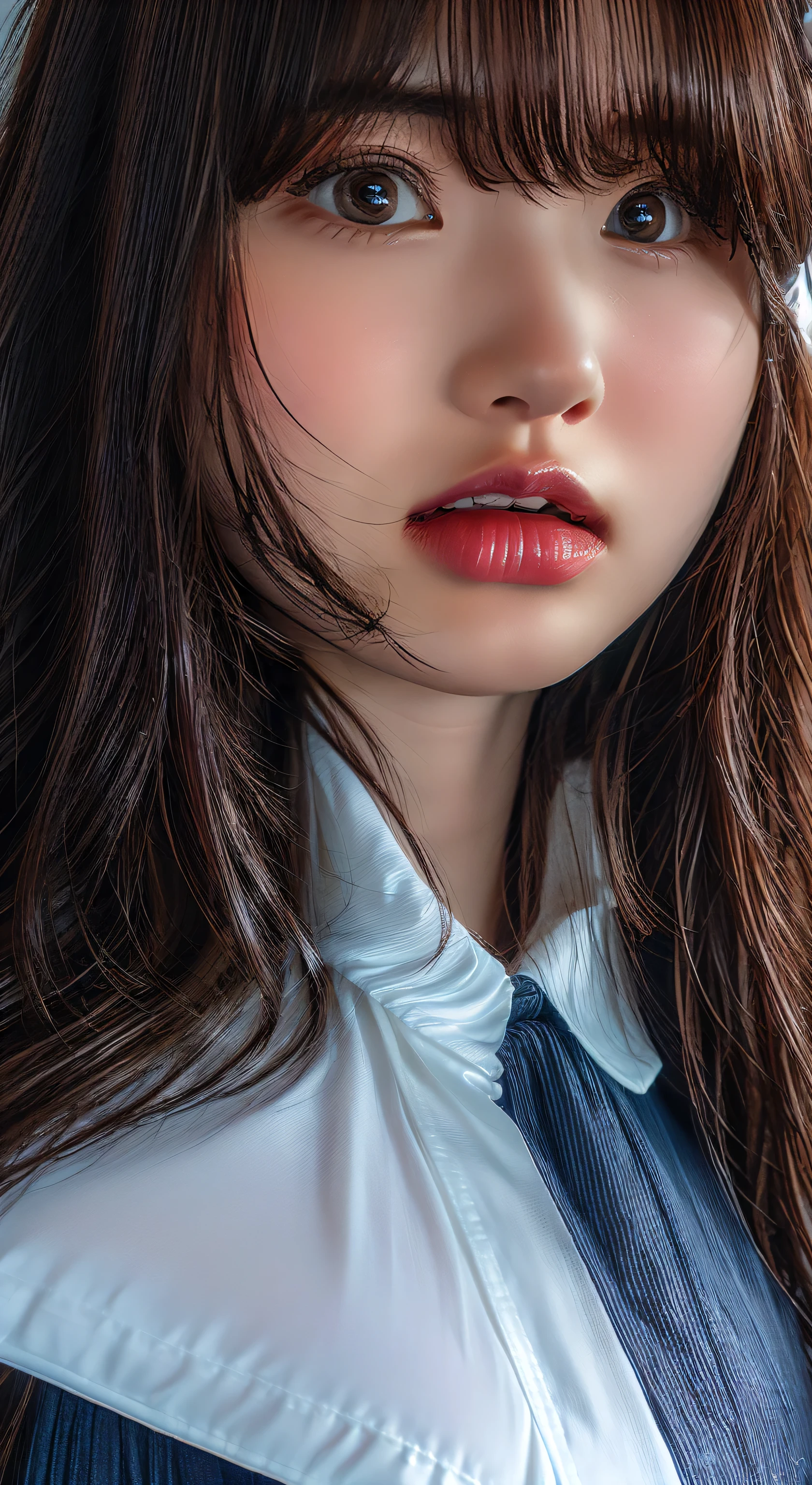 (Highest quality、Tabletop、、Best image quality、Award-winning works)、Extremely cute and lewd high school girl、White polyester collared shirt ripped because her breasts were too big、Short sleeve:1.4)、(Navy Pleated Skirt:1.1)、Girl portrait photography、Glowing Skin、Brown Hair、Are standing、Look at the audience with a big smile on your face、Sculpture Pose、(Music room background:1.45)、(Very obscene and huge breasts bigger than her face:1.95)、Accentuate your body lines:1.15)、Very large red ribbon tie、Very long hair:1.75、((Sex is about to begin:1.85))