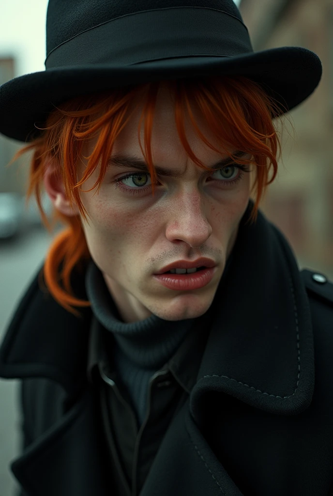 REAL LIFE, Ginger young man, orange hair, low ponytail, bangs in the hair, male, hes using a hat, real life,  realistic, MAN,  retrô, human, live action, mad,  Black coat