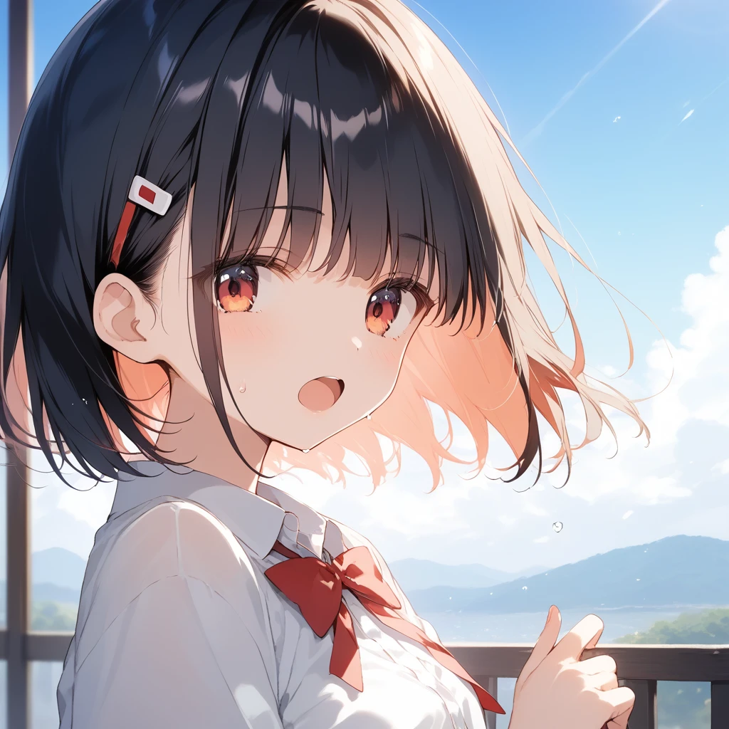 score_9, score_8_up, score_7_up, source_anime, best quality, masterpiece, official art, absurdres, highres, ultra-detailed,waifu2x,Collection: Slice of Life,break,1girl, very short hair, blunt bangs, bob cut, small breasts, beautiful detailed eyes, ollared shirt, pleated skirt, sweat, open mouth, (yawn:0.3), expressionless, outdoors, (Detailed Lighting), (Detailed background),break,(clear line illustration:1.2), super detailed skin,very high resolution, very aesthetic, Best sexual lighting powered by famous artist, 8k, 16k, cute picture,beauty illustration,photoshop_(medium),,(Detailed Lighting),best anime 8k konachan wallpaper, pixiv contest winner, ((artist:takeuchi_takashi )),