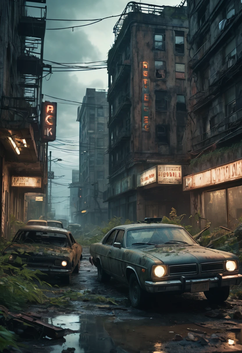 a post-apocalyptic city, ruined buildings, crumbling infrastructure, debris scattered throughout, abandoned cars, overgrown vegetation, post-apocalyptic atmosphere, gloomy lighting, dramatic shadows, bioluminescent mushrooms, neon signs, steam vents, abandoned technology, dystopian future, cinematic composition, muted color palette, (best quality,4k,8k,highres,masterpiece:1.2),ultra-detailed,(realistic,photorealistic,photo-realistic:1.37)a post-apocalyptic landscape, a group of survivors fighting against hordes of zombies, gritty and realistic atmosphere, characters with detailed facial features and expressions, weathered clothing and equipment, dense foliage and abandoned buildings, dramatic lighting and shadows, muted color palette, cinematic camera angles, a sense of tension and urgency