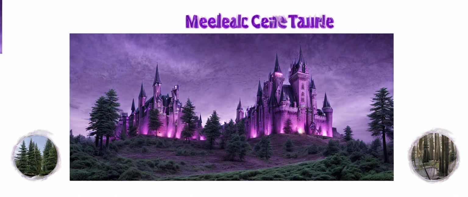Medieval castle，Purple sky，Plant pine trees